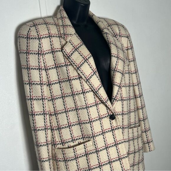 Vtg 90s Plaid Windowpane Blazer Academia Classic Ivory Navy blue Red 12 L - Picture 3 of 15